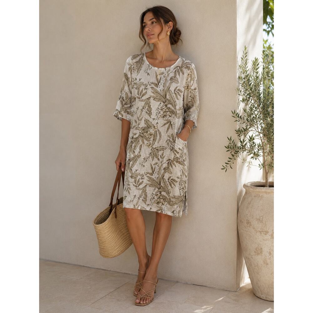 Francesca Bettina Linen Tropical Floral Half Sleeve Midi Shift Dress Beige M NWT